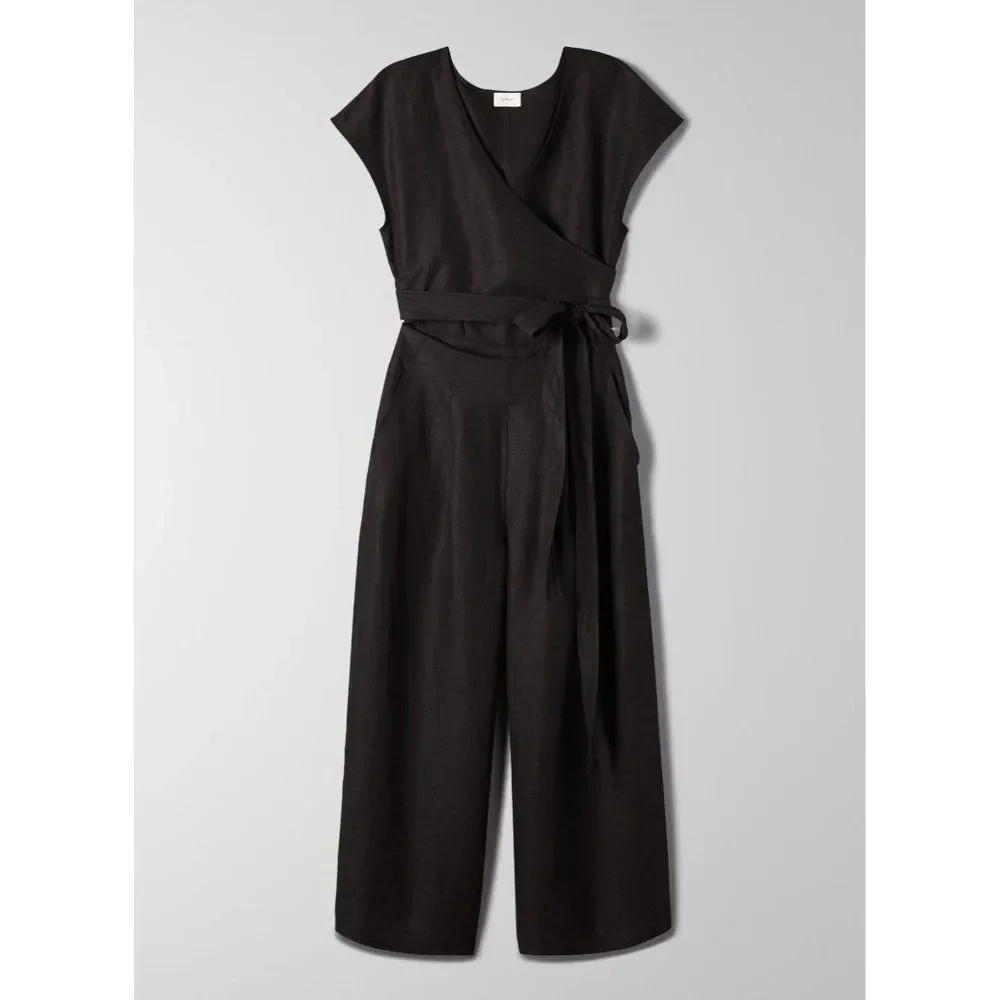 Aritzia WILFRED Brax Black Linen Lyocell Cut-Out Wrap Wide Leg Jumpsuit, Size 6 - Picture 6 of 13